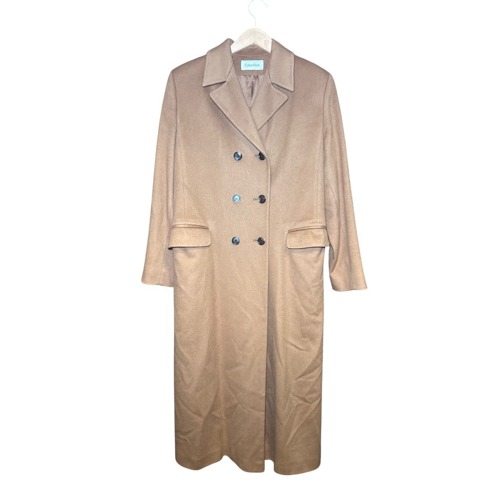 Calvin Klein Womens Camel Brown Merino Wool Double Breasted Long Overcoat 10
